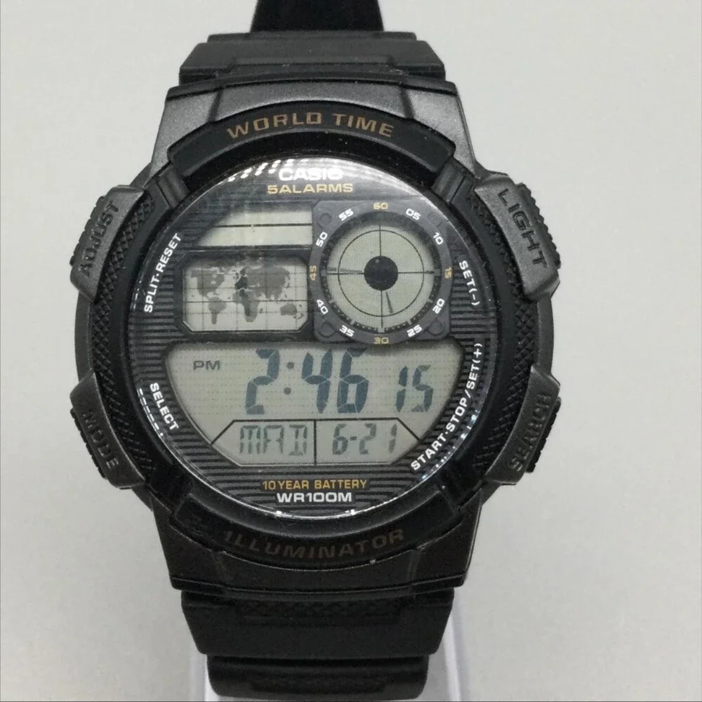 Casio 3198 AE1000W Mens Watch 44mm World Time Digital Black 5 Alarms WR100M